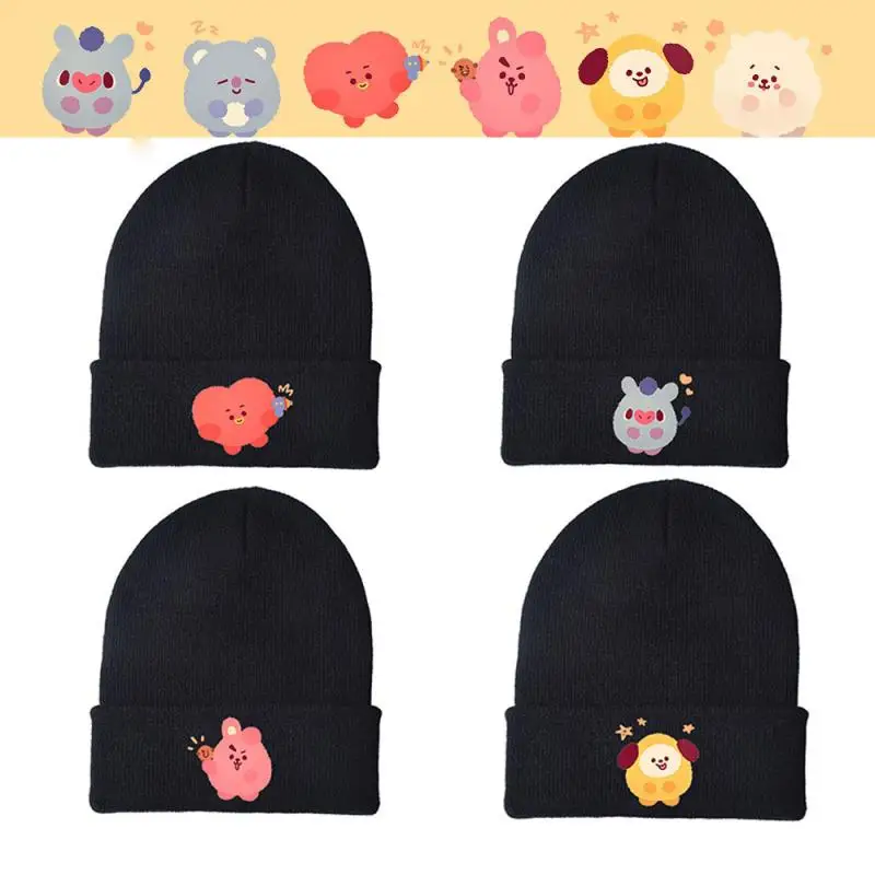 New Kawaii Bt21 Cartoon Knitted Caps Boy Girl Hip-Hop Beanie Hat Winter Warm Knitted Hat Wool Balaclava Students Christmas Gifts