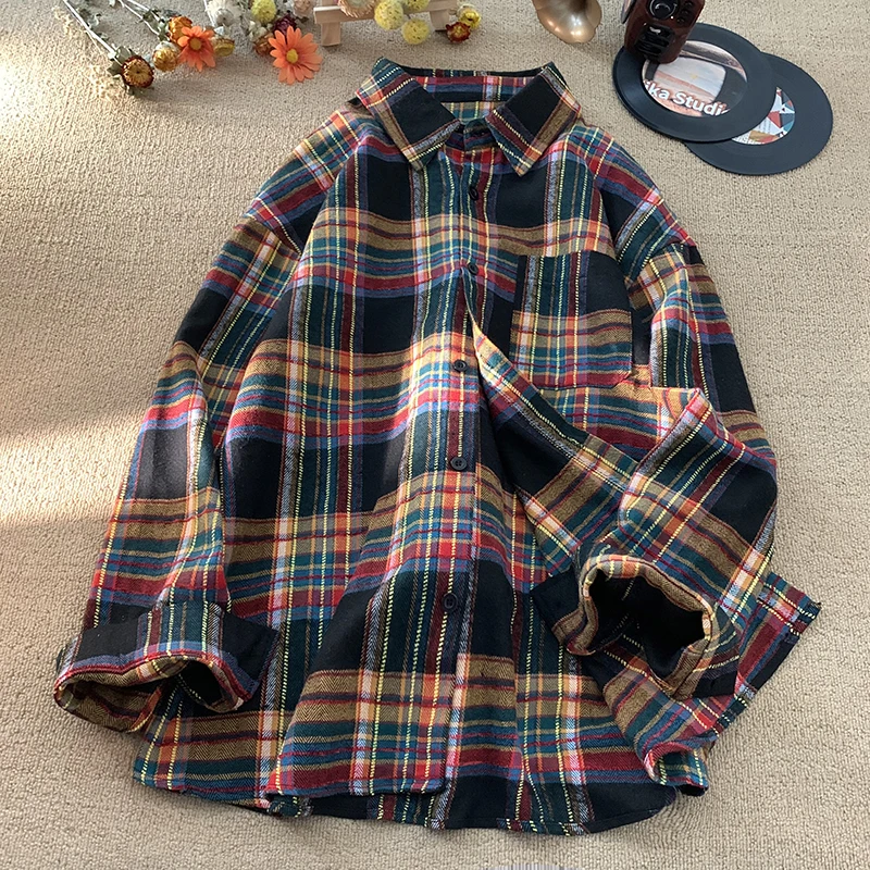 

2024 Autumn Oversized Plaid Shirt Retro Long Sleeve Single-breasted Cardigan Loose Fit Turn-down Collar Shirt Men Women Blouse