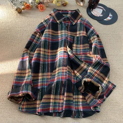 2024 Autumn Oversized Plaid Shirt Retro Long Sleeve Single-breasted Cardigan Loose Fit Turn-down Collar Shirt Men Women Blouse