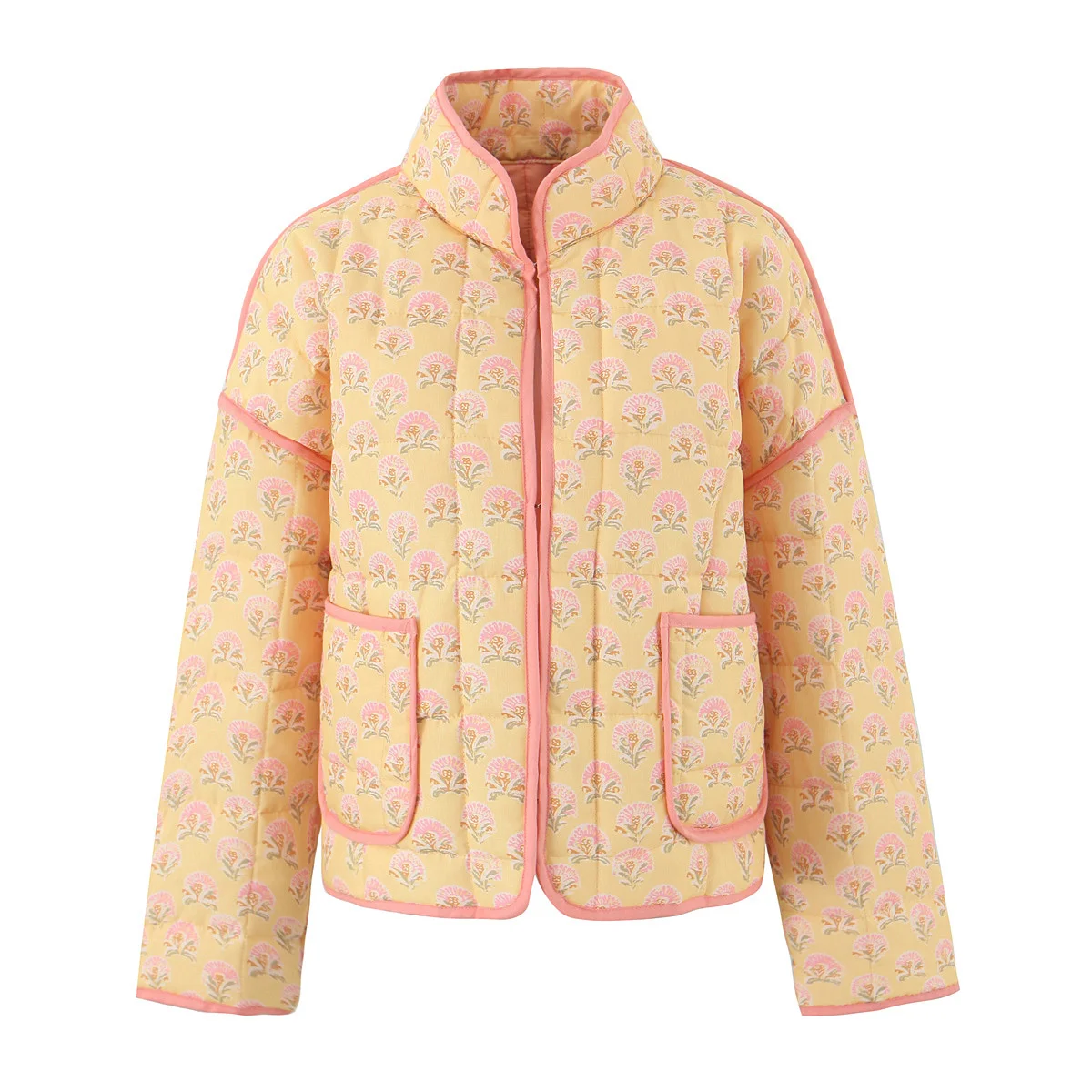 Women's Yellow Jacket yellow with pink flowers jackets for women long sleeve winter women coat warm 