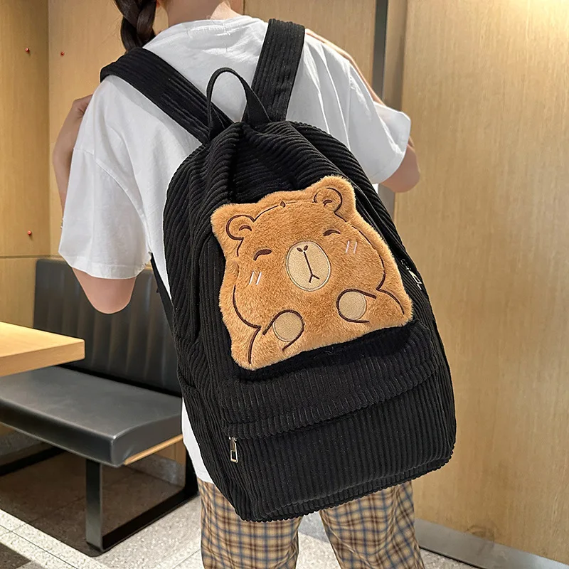 

Corduroy Backpack Cute Cartoon Backpack For High School Girls College Style Striped Velvet Shoulder Bag Casual Travel Bag