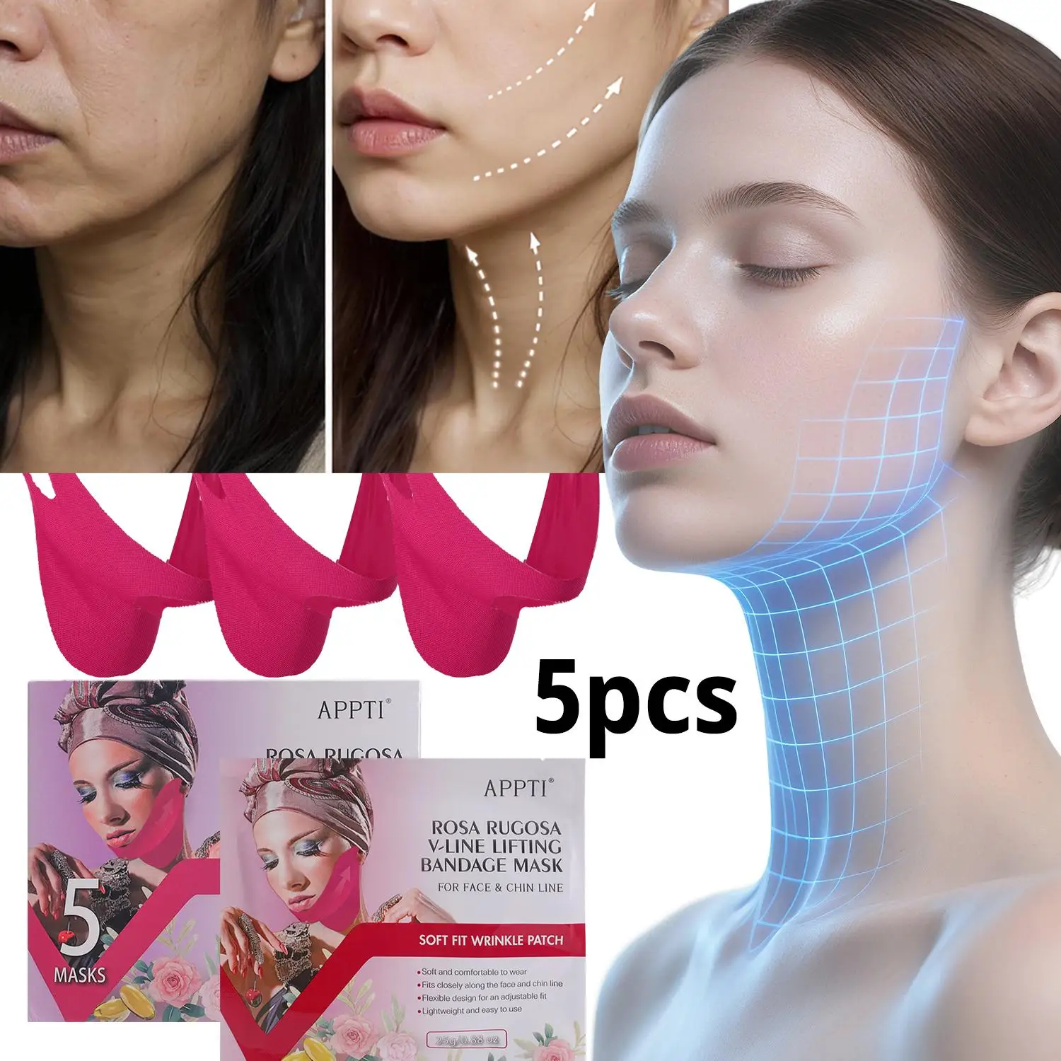 Women Face Instant Firming Mask V Shape Face Neck Lifting Chin Lift Belt Wrinkle Patch Moisturizing Smooth Fine Lines Skin Care