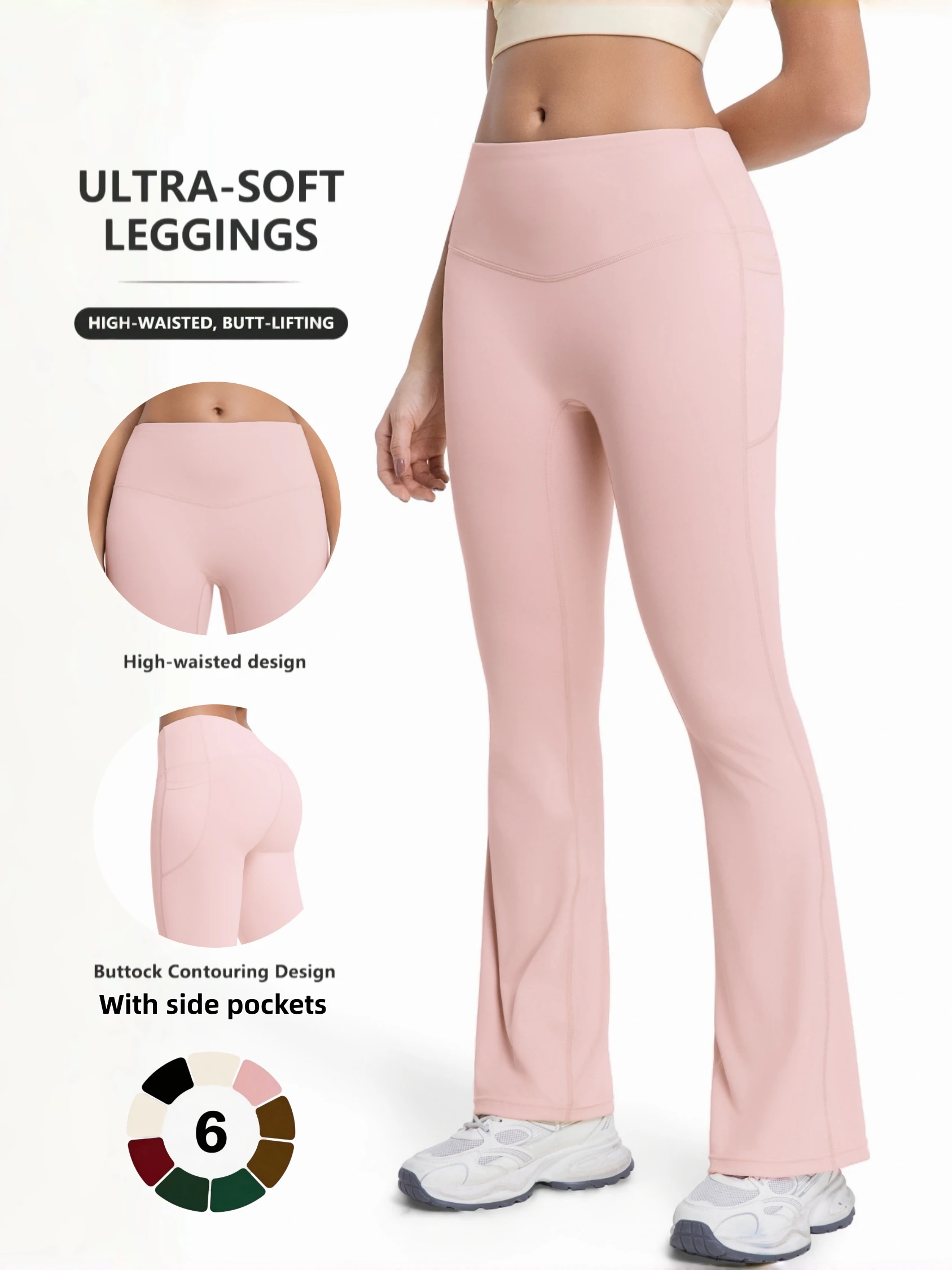 Damen High-Waist Flare-Leggings mit Taschen, Butterweiche Naked-Feeling Bootcut Yogahose, Bauchkontrolle & Po-Lifting