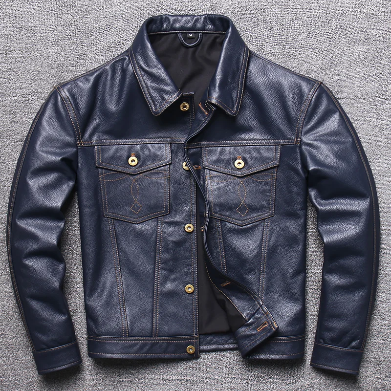 

Knight Genuine Leather Jaet ort Sle Top Layer Cowhide Men's Denim Top Youth Trend Spring Casual Full ain Leather