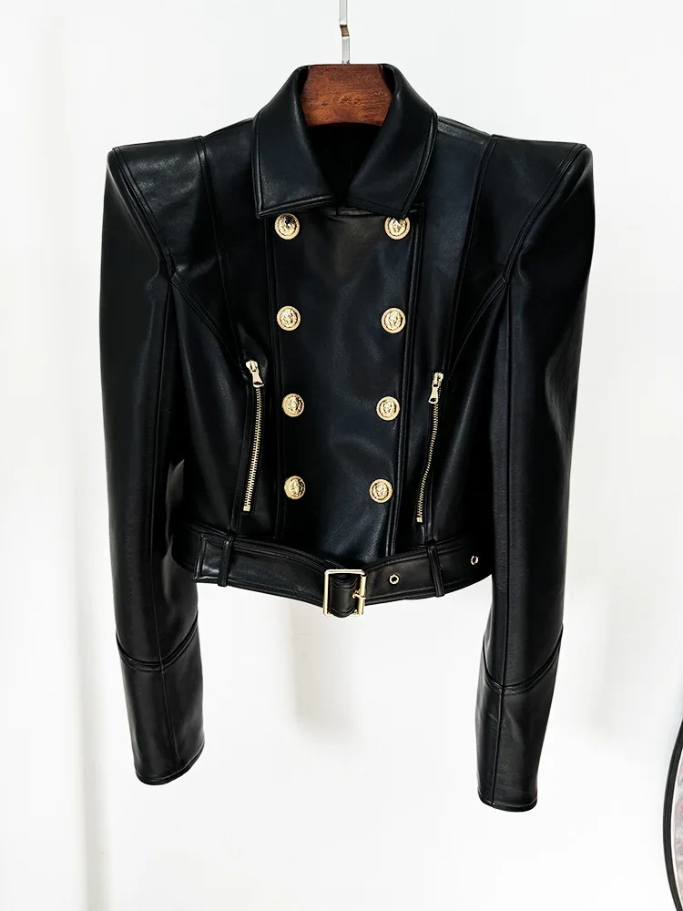 High quality designer fashion shrugged double breasted zipper short women's motorcycle socialite leather jacket