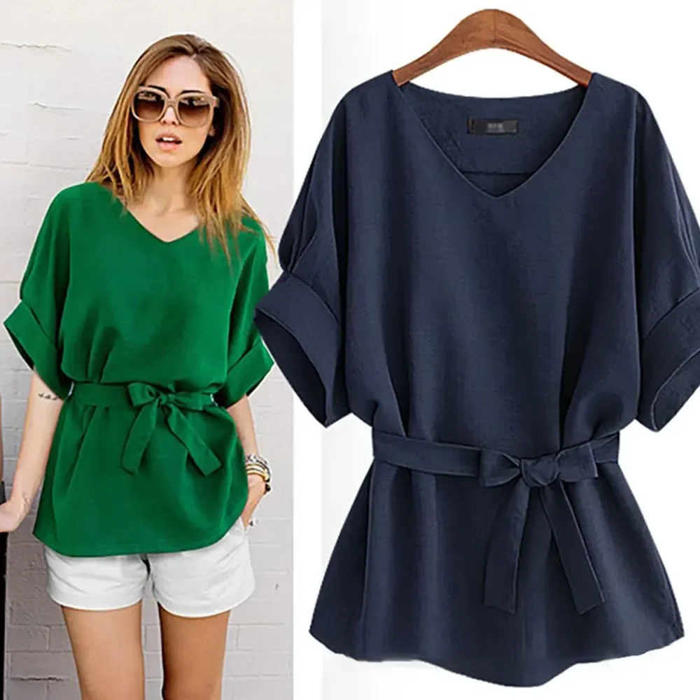 New Fashion Women Elegant Batwing Short Sleeve Loose Blouse with Belt Casual Tunic Tops Elegant Office Lady Solid Oversize Shirt