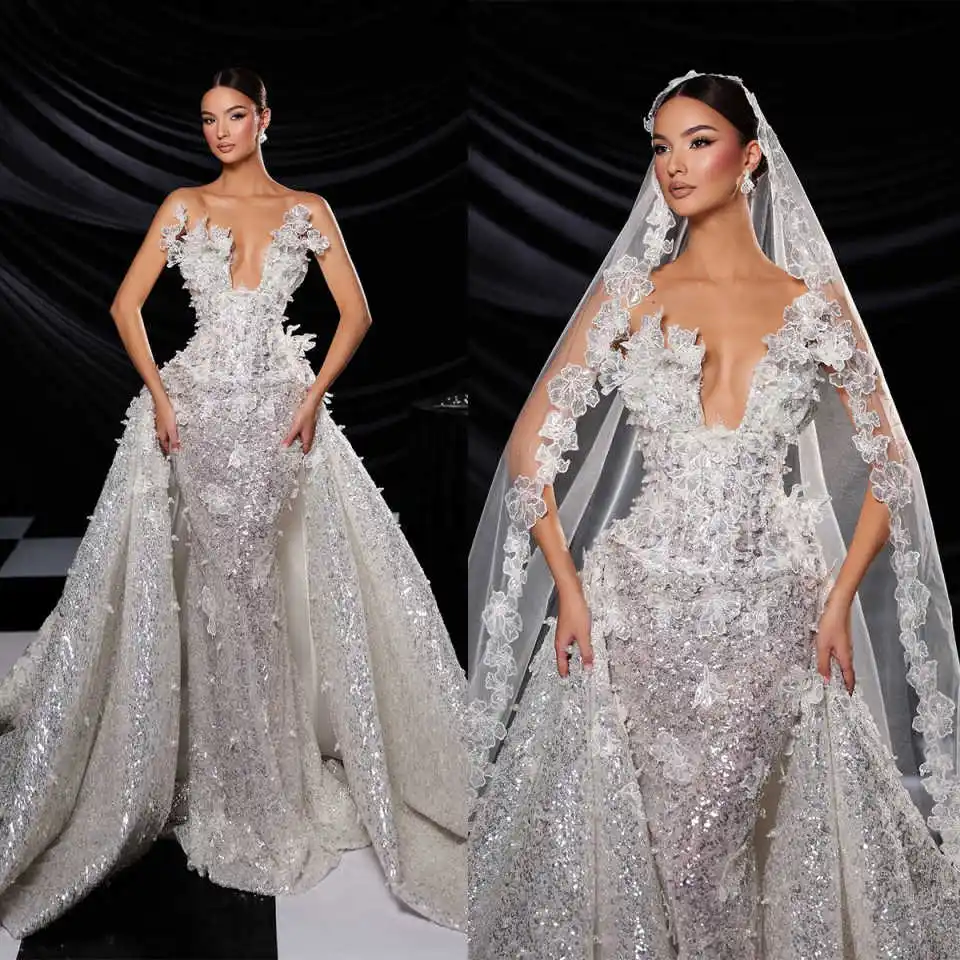 

Великолепные свадебные платья русалки без бретелек с аппликациями и кристаллами без рукавов со съемным шлейфом, свадебные платья по индивидуальному заказу Robe De Mariee