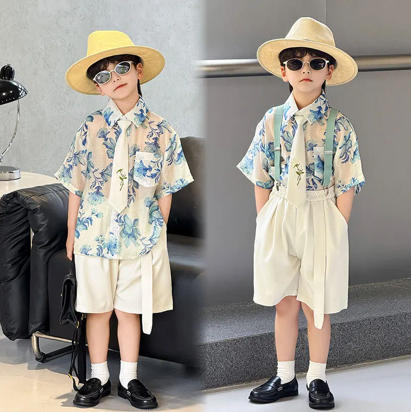 Boys Floral Print Set Blue Shirt + White Shorts with Tie+Suspenders for Birthday Party Wedding Summer Vacation Beach Kids Outfit