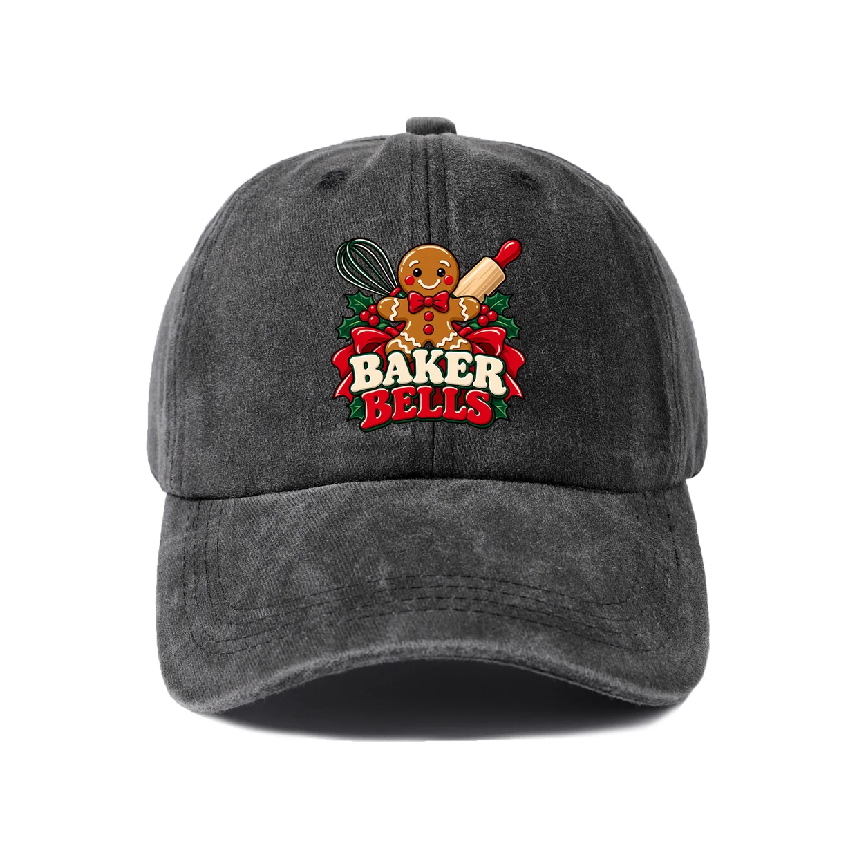 Baker Bells Gingerbread Graphic Vintage Washed Baseball Cap, Adjustable Unisex Dad Hat, Casual Gift