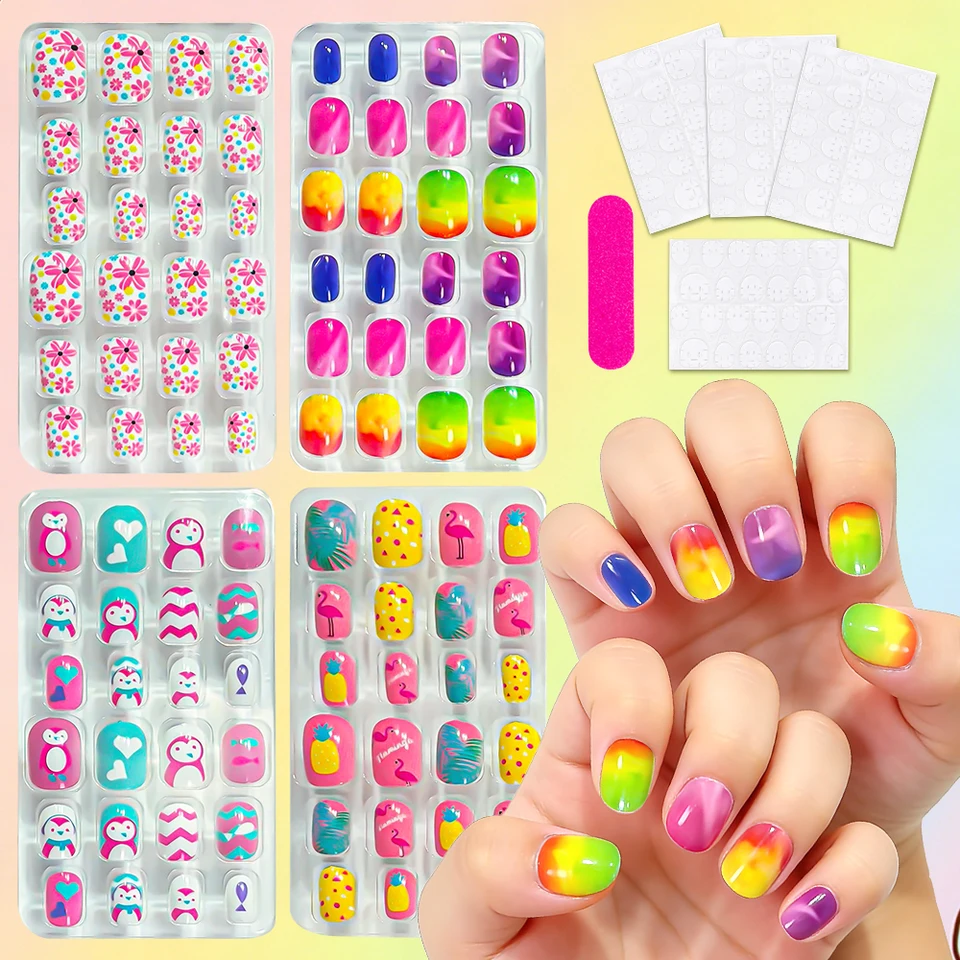 8 cajas (192 piezas) de uñas postizas infantiles con arcoíris, caballos, estrellas y flores, cortas y cuadradas, para niñas 4