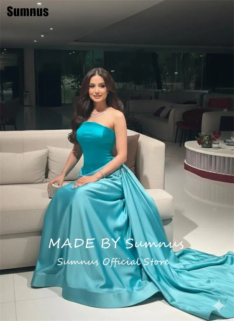 Sumnus Eenvoudige A-lijn Avondjurken Strapless Plooien Pauwblauw Formele Gelegenheidsjurken Met Trein vestidos Aangepaste