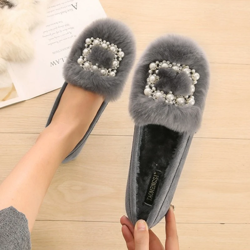 Fashion Crystal Pearl Square Buckle Fluffy Warm Flats Women Comfort Short Plush Cotton Loafers Large Size 43 Autumn Casual Shoe