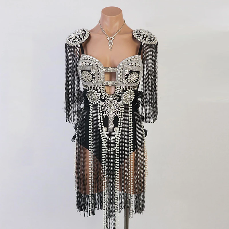 Gogo Show Rave Clothes Black Rhinestone Tassel Dress Nightclub Bar Stage Outfit Festival Party Rave Wear Carnival Costume 2319