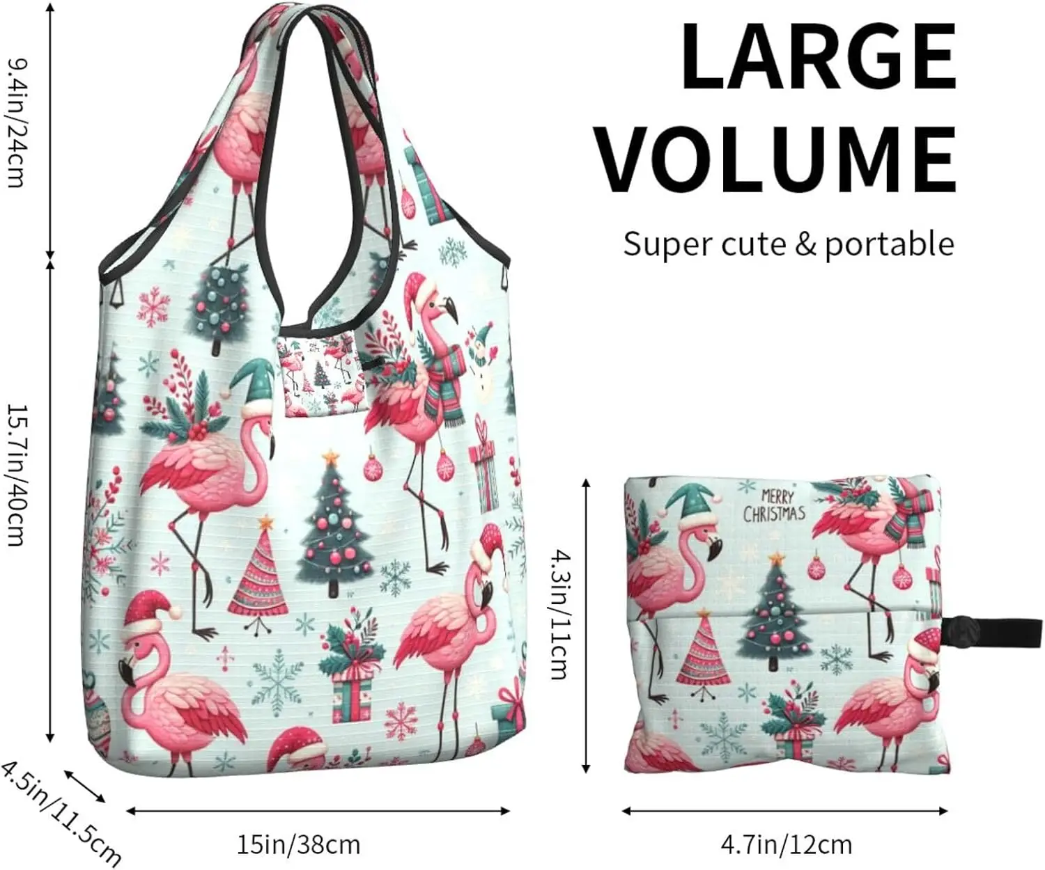 Foldable Christmas Cute Flamingo Reusable Grocery Shopping Bag, Waterproof Shopping Tote Shopper Bag Print One Size