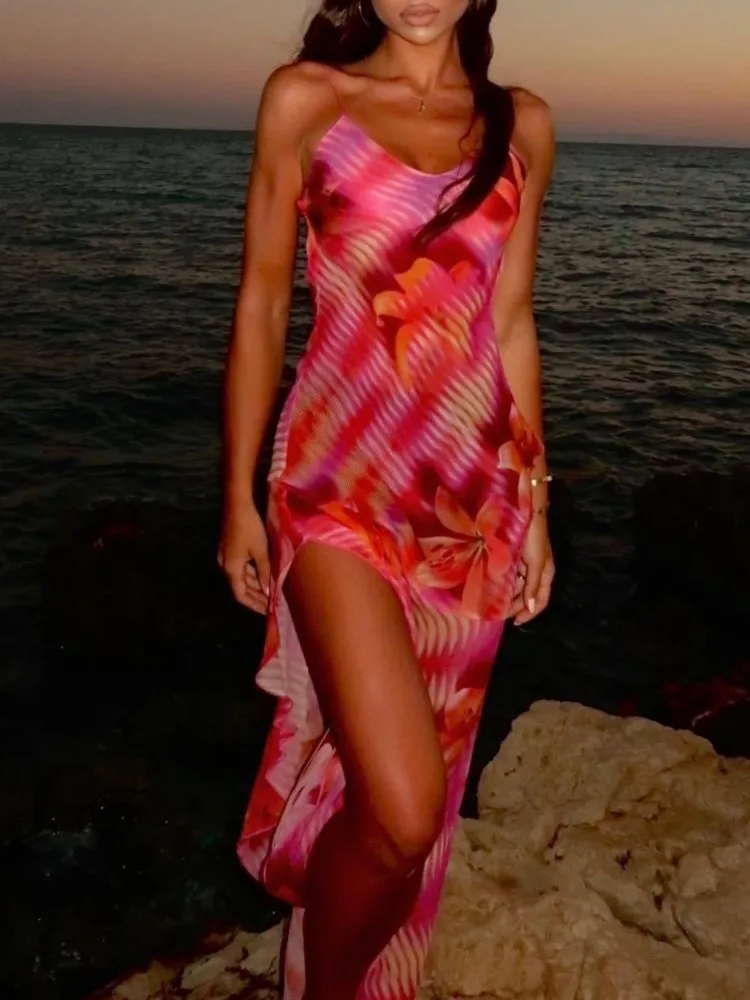Fashion Dress For Women Chic Flower Printed V Neck Beach Sleeveless Backless Ruffles Midi Dresses 2025 Summer Lady Holiday Robes