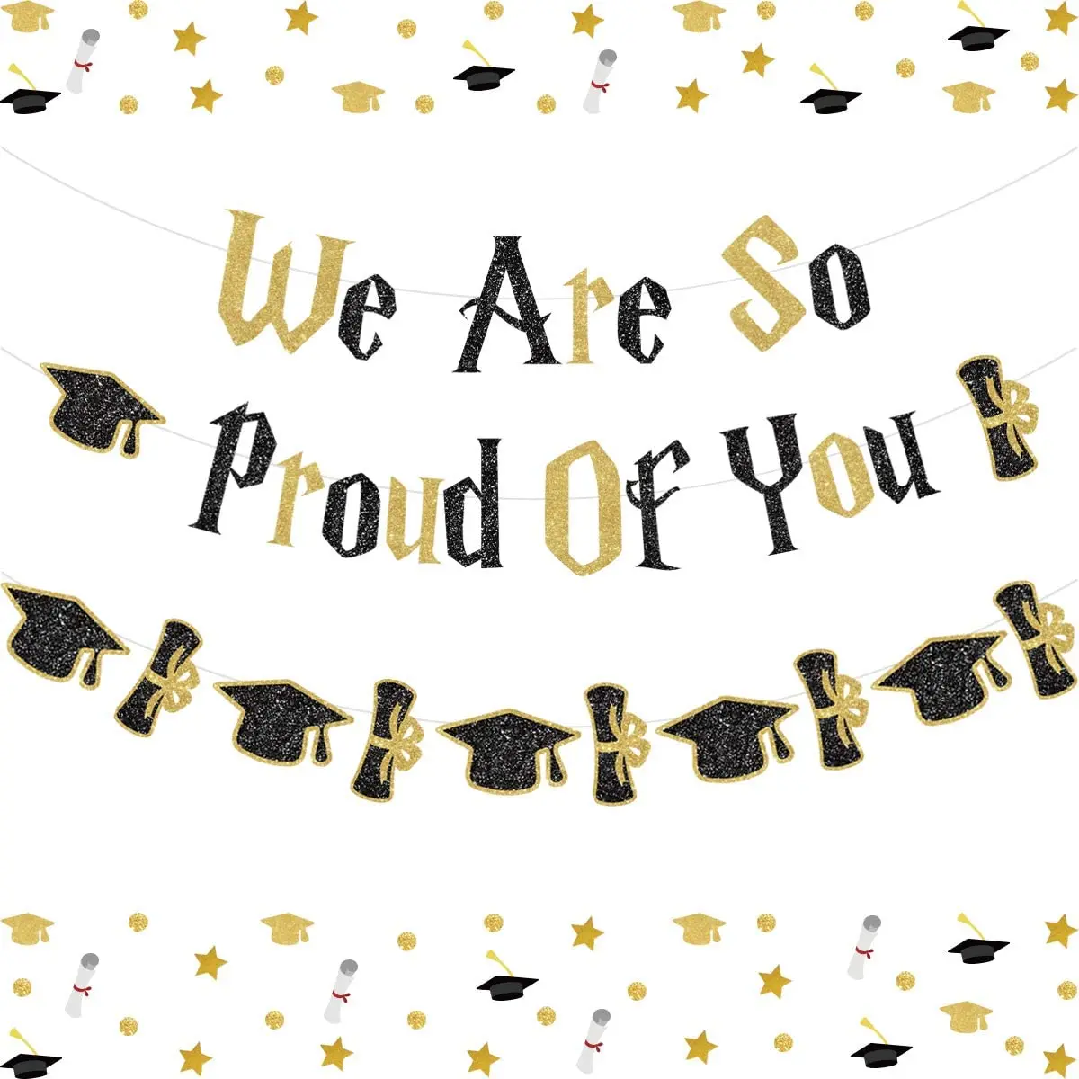 

Cheereveal Gold and Black We Are So Proud of You Banner Garland 2023 Graduation Party Decorations for High School College