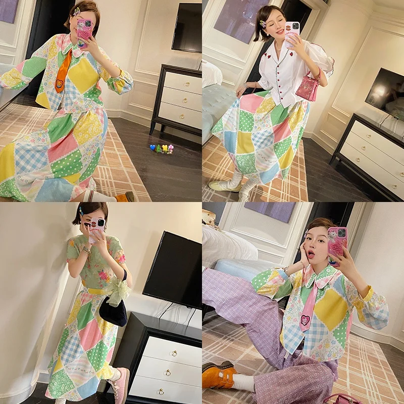 

VIMAS Recommended Vintage Elf Girl Printed Shirt Half Skirt Set Skin-friendly Breathable Cotton Polyester Blend