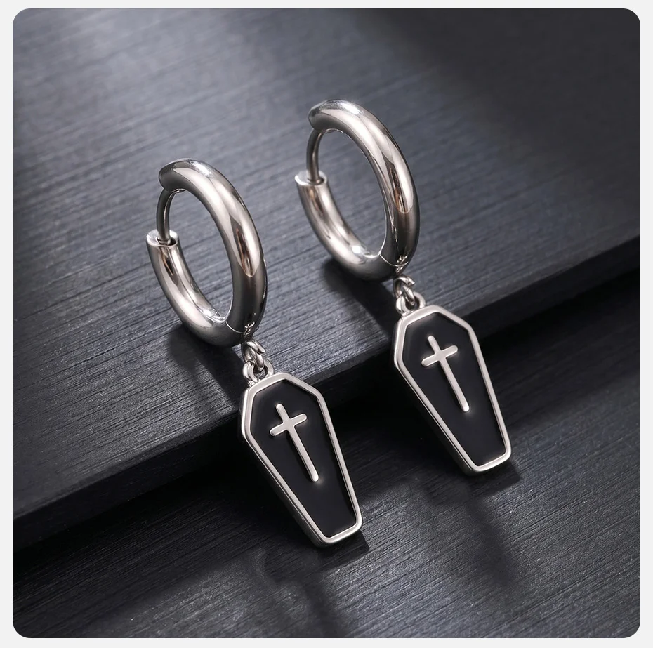 Vnox Herren-Ohrringe mit durchbohrtem geometrischem Kreuz, Creolen aus Edelstahl für Gothic-Punk-Street-Style, religiöses Geschenk für Ihn – Detail 5