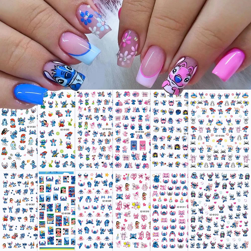 12 قطعة ملصقات أظافر أنيمي ليلو وستيتش شارات حيوانات كرتونية لطيفة اضغط على الأظافر ملصقات متزلجون ذاتية اللصق لتزيين الأظافر