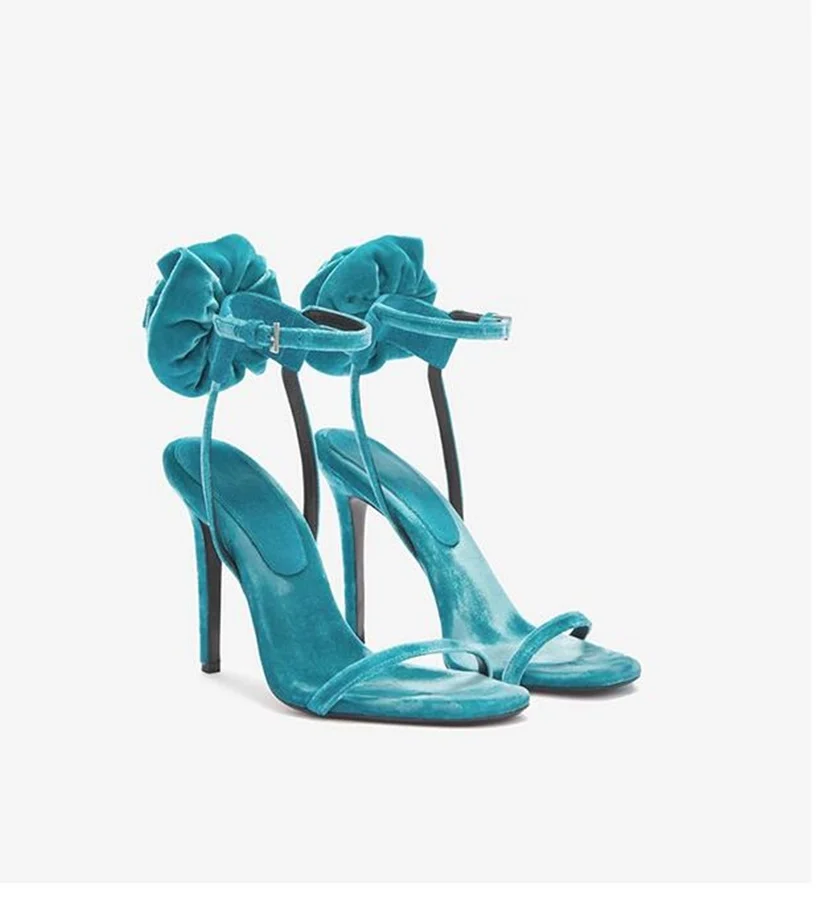 Blue Velvet Back Flower Thin High Heel Sandals Designer Padded One Belt Pattern Women Open Toe Slingback Strap Summer Shoes