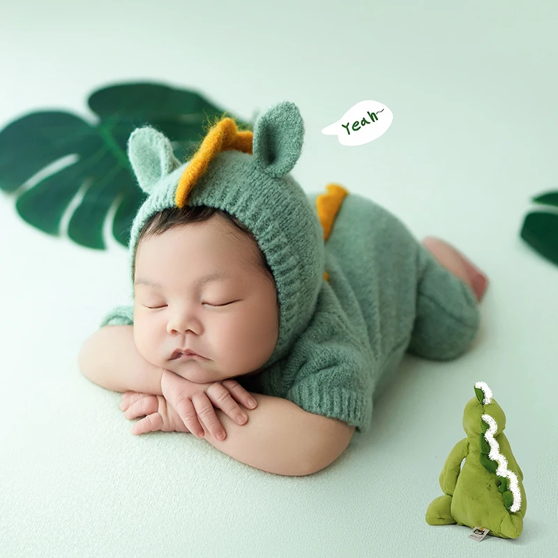 Abbigliamento fotografico neonato bambola di dinosauro pianta verde puntelli in posa cappello per bambini lavorato a maglia tuta Studio Shooting Scene Costume