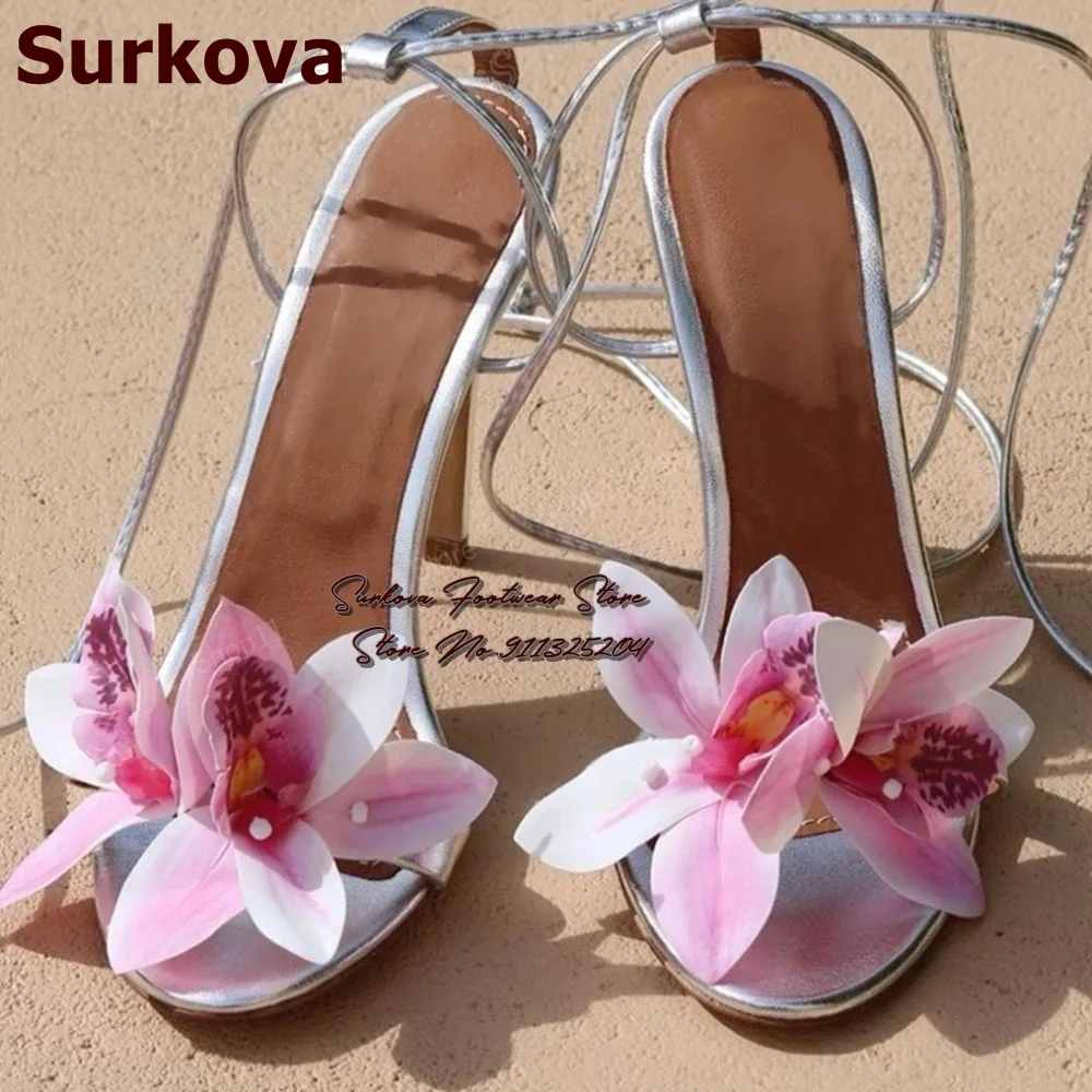 Surkova Pink Green Lily Flowers Sandals Gorgeous 3D Blossom Lace-Up Dress Shoes Women Elegant Floral Wedding Shoes Stilettos