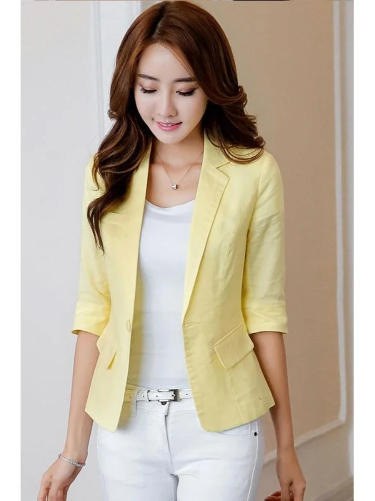 Women\'s Suit Jacket Summer New Style Fashion White Seven-point Sleeve Office Ladies Casual Short Paragraph Cotton Blazer