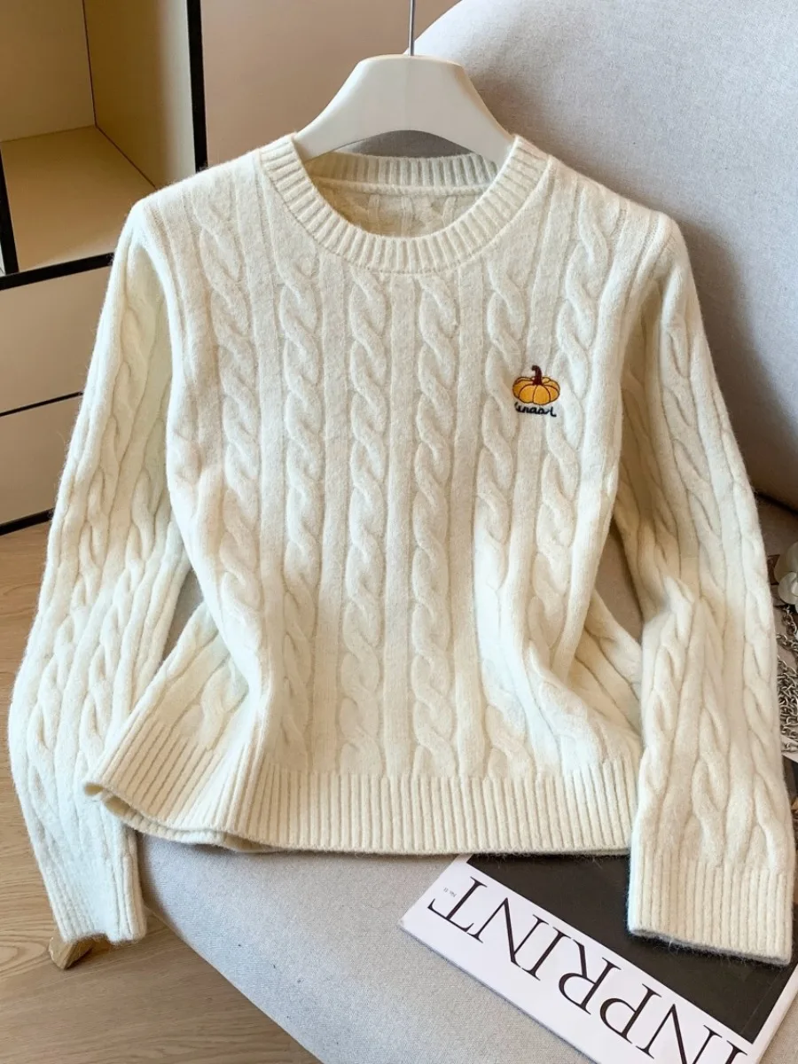 

Thiened Autumn Winter Knitted Pumpkin Embroidery Women's Sweater Long Sve Crew Ne Warm Base Layer irt Korean Sle