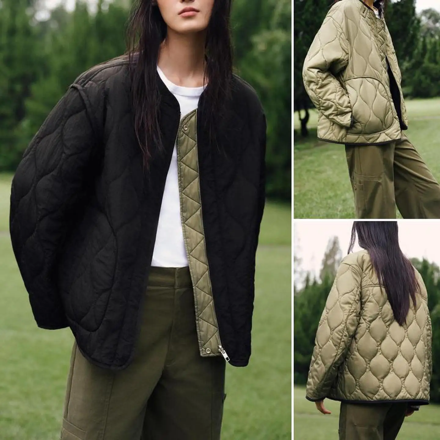 양면 착용 가능한 면 재킷 라운드 넥 긴 소매 패치워크 원단 초가을 스트리트 스타일 루즈핏 지퍼 클로저