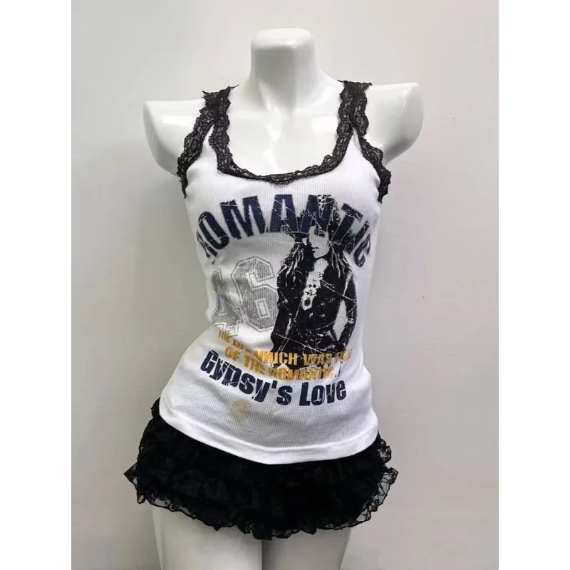 

Summer American Subculture Lace Patchwork Halter Vest Women's Sexy Slim Hottie Tops Retro Gothic Anime Printed Sleeveless Tanks