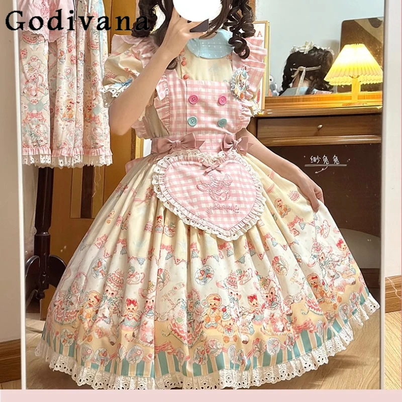 

L-5XL Plus Size Temperament Elegant Lolita Op Yellow High Waist Dress Girl Sweet Bow Cute A-line Short Sleeve Lace Print Dresses