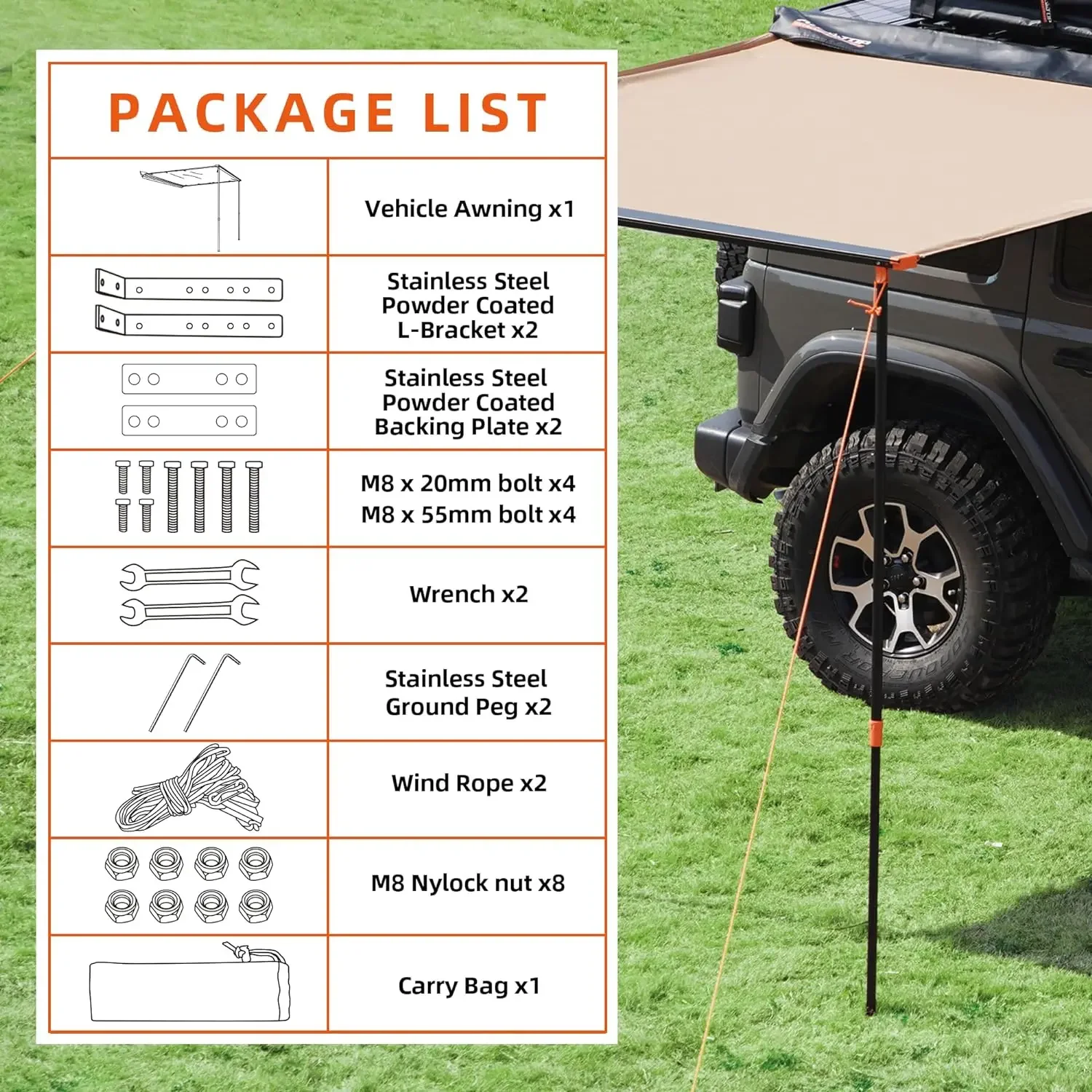 Voertuig Luifel 6.6 'X 8.2' Dakdrager Uittrekbare Zonnescherm Uv50 +, Weerbestendige 4X4 Zijluifel Voor Kamperen En Over Land