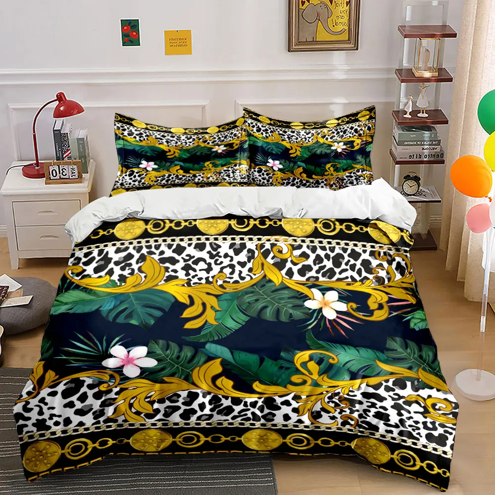 Tropical flowers and leopard print Duvet Cover Set with 3D Printing Design Soft Polyester Bedding Set All-Season Comfort