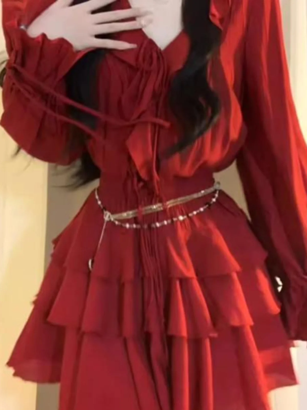 

Vaion Dr Red White Ruffle Hem V-Ne Top Women ort High Waist f Skirt Set Faionable Two-Piece Suit for Women