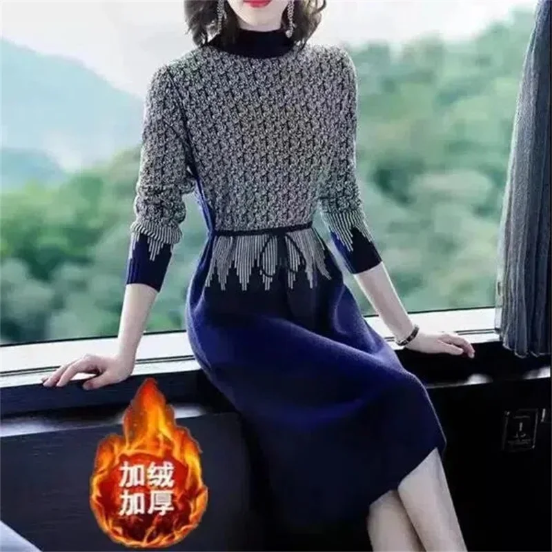 Thickened Warm Autumn Winter Dress For Women 2024 New Loose Slim Knitting French Lace Up Vintage Knee Length Skirt Sweater Dress