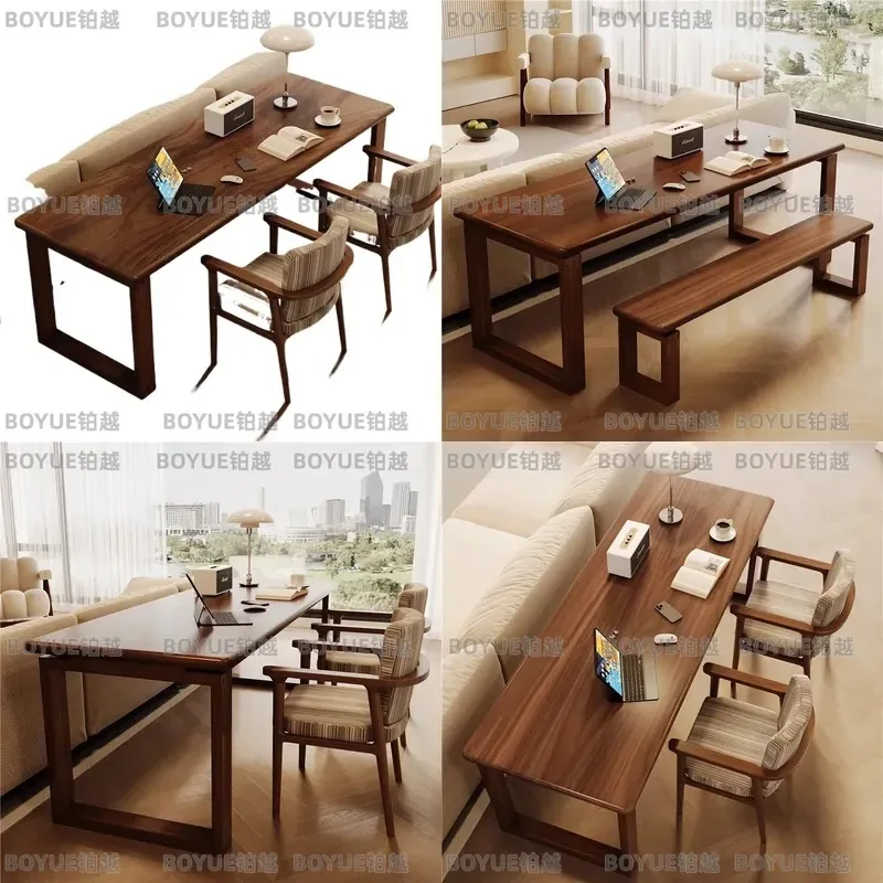 Medieval Solid Wood Long Desk Walnut Coffee Table Integrated Sofa Bench Living Room Workbench Large Furniture