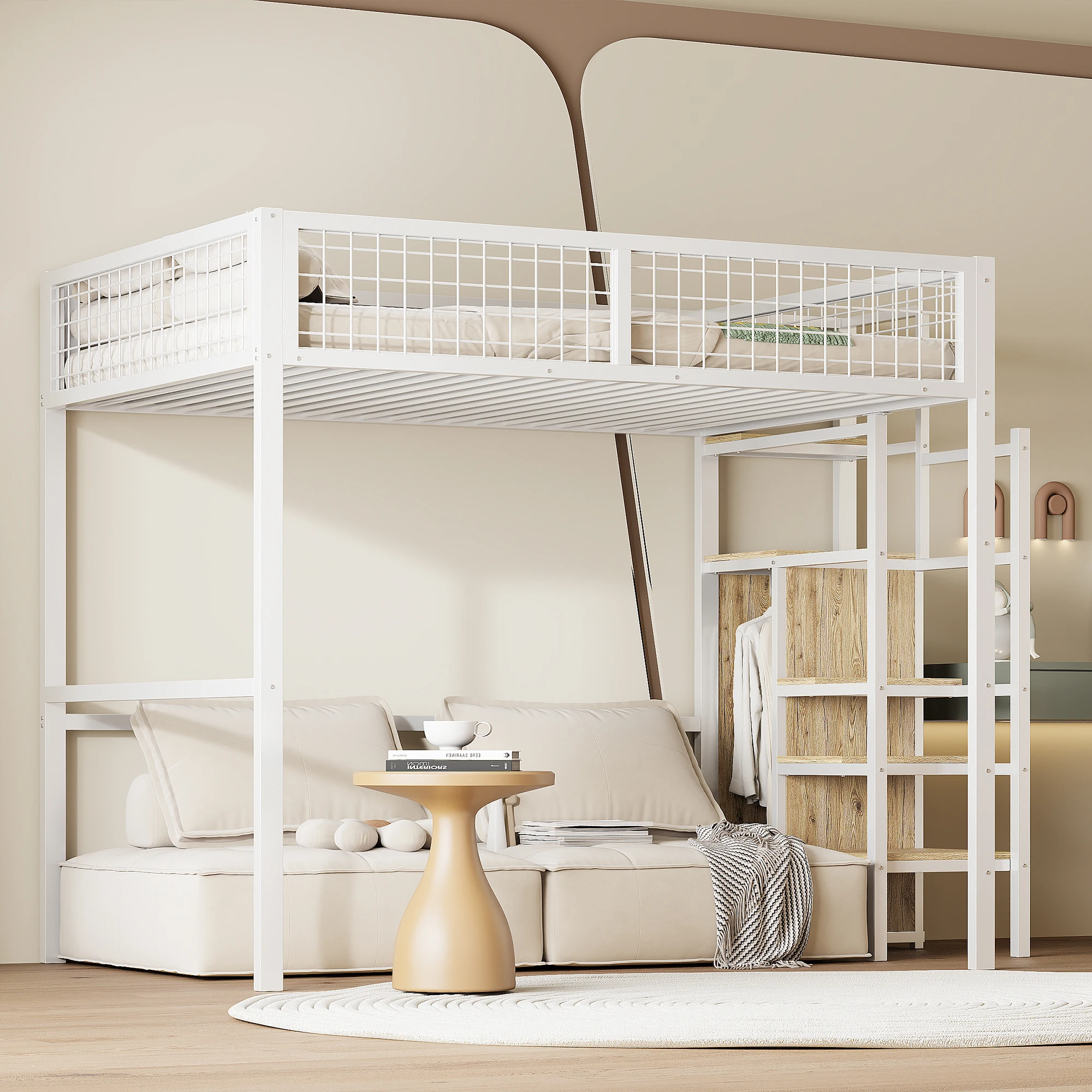 Lit mezzanine en métal pleine grandeur avec échelle de sécurité, placard de rangement et barrières de sécurité sur toute la longueur, taille double, 249 x 145 x 180 cm, noir/blanc, pour chambre d'enfant, chambre d'amis, aucun sommier tapissier nécessaire
