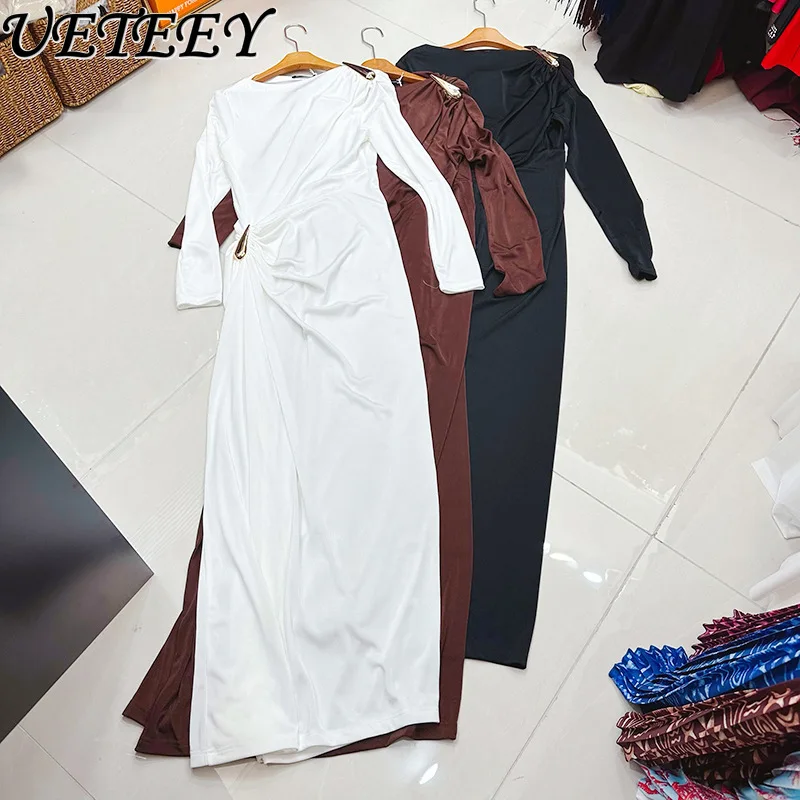 

2026 Spring New Round Neck Long Sleeve Waist-Cinching High Elasticity Long Dress Elegant Women's Versatile Long-Sleeve Dress