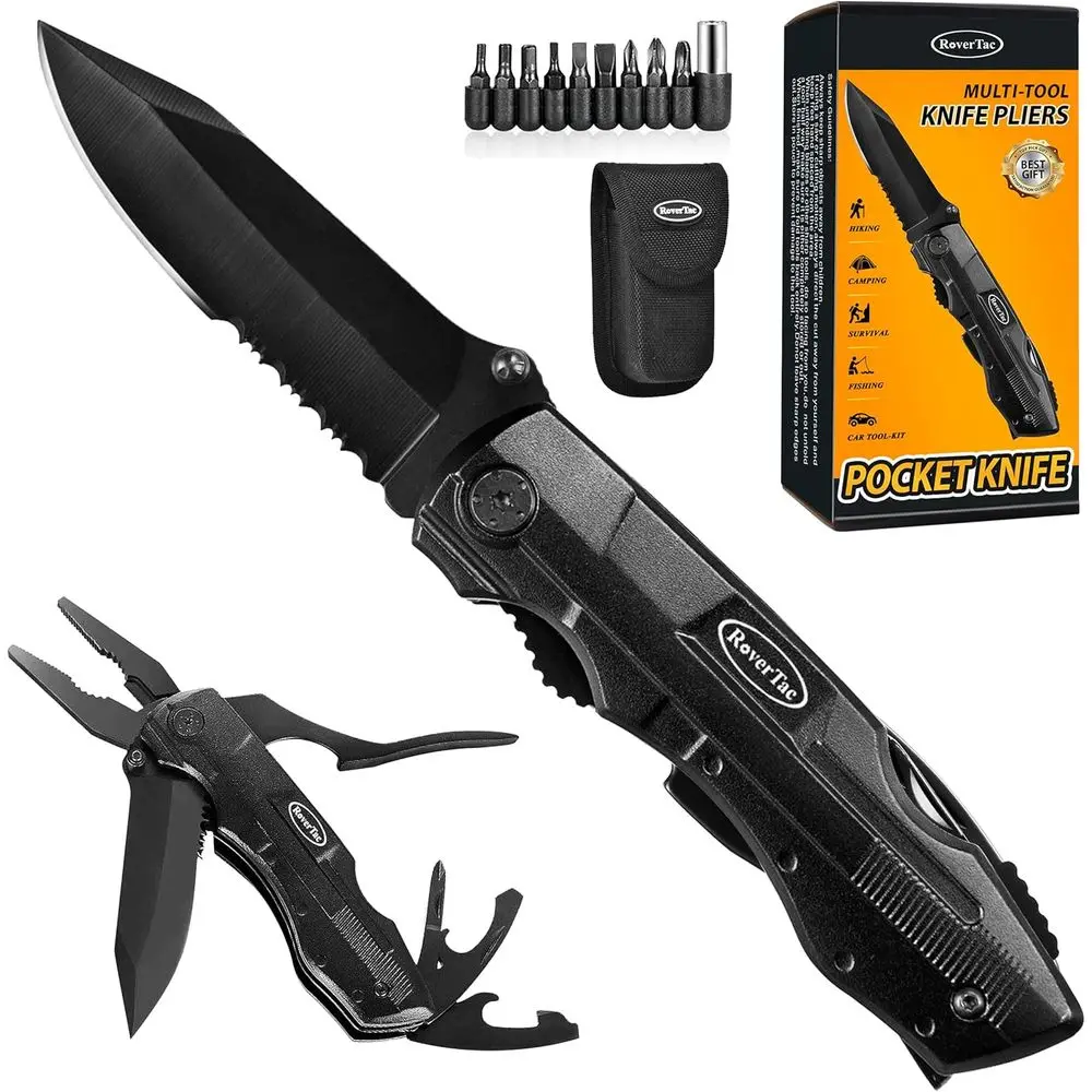 

15-in-1 Multifunction Tool with Pliers, Bottle & Can Opener, 9 Screwdriver Bits, Locking Mechanism, and Nylon Sheath - Ideal for