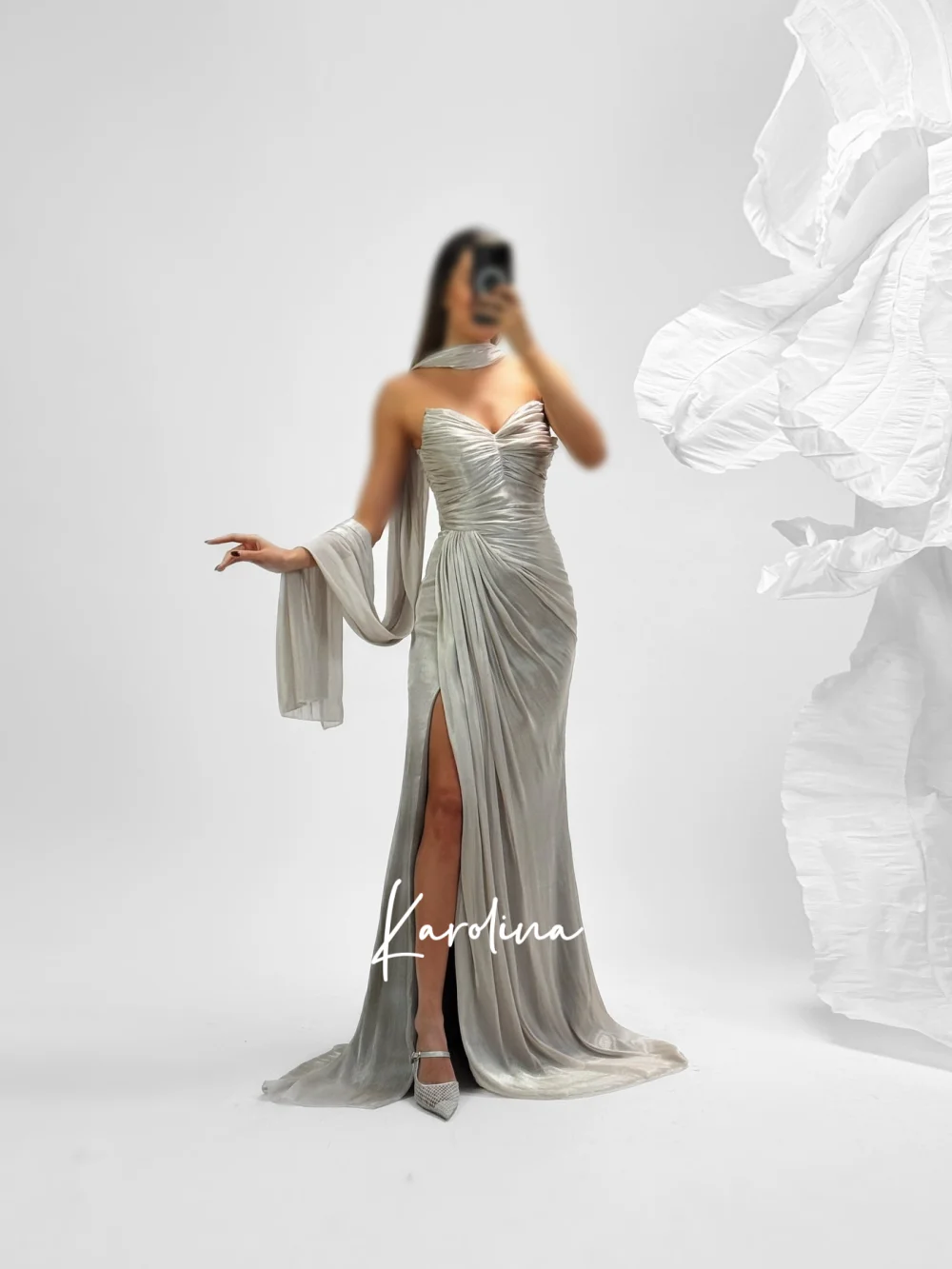 

Customized Shinning Mermaid Evening Dress with Scarf Strapless Long Prom Dress Saudi Arabia Wedding Prom Evening