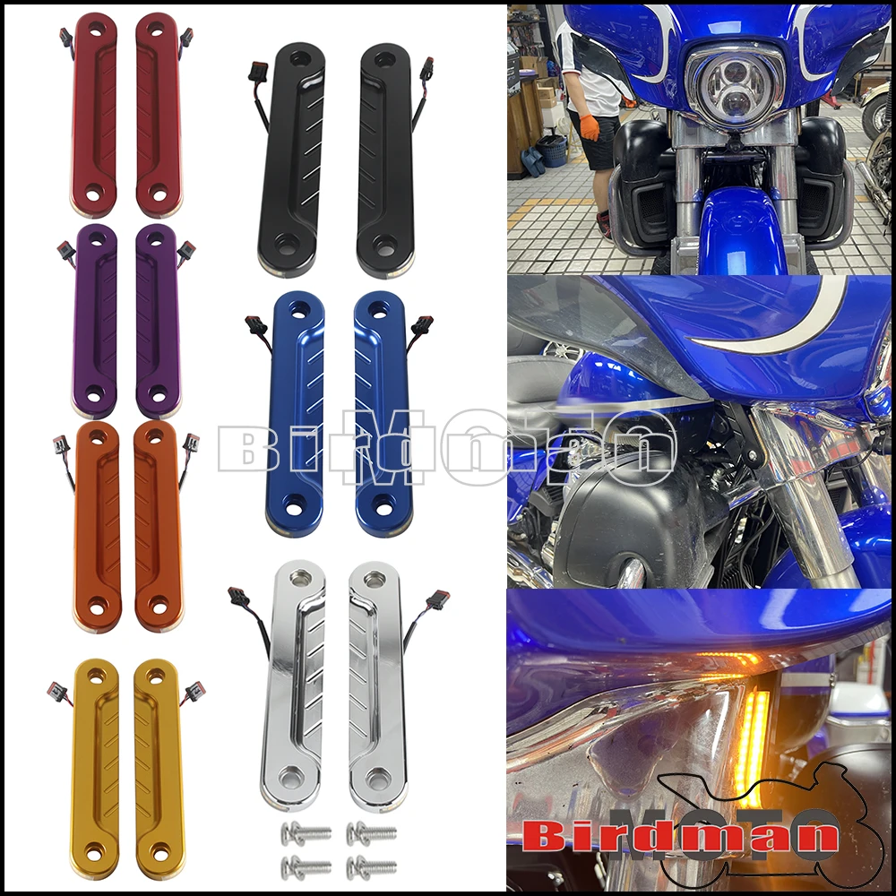 Front LED Flush Fork Turn Signals Light Daytime Running Lights Brackets For Harley Touring ELectra Street Glide Road King 14-24