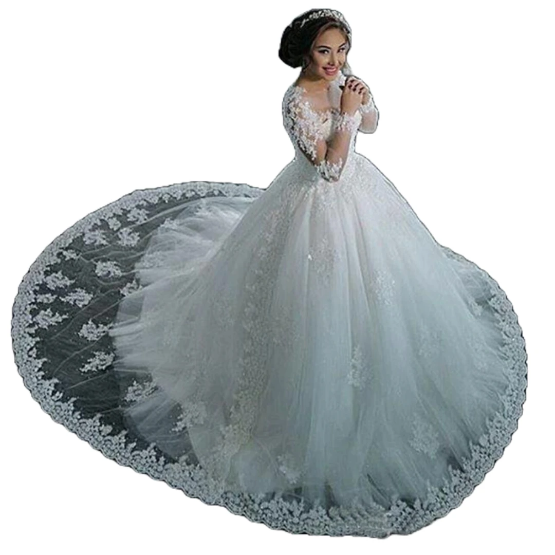 Luxurious Ball Gown Wedding Dress Long Lace Sleeves and Extravagant Tulle Skirt Regal Bridal Gown Cathedral Train Lace Applique