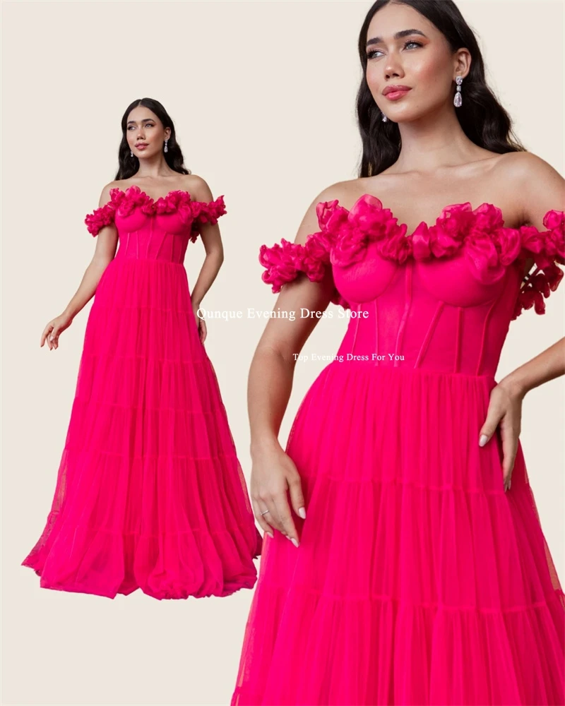 Qunque Women Prom Dresses Off The Shoulder Sleeves Evening Dress A-line Fuchsia 3D Flowers Formal Occasion Dresses Customized