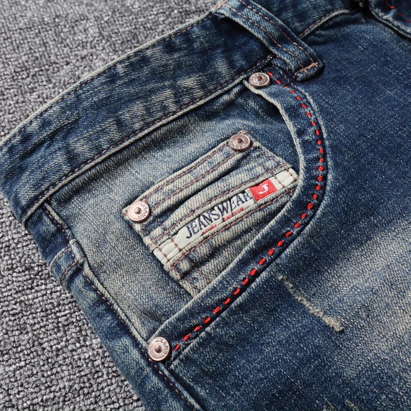 Fashion Designer Men Jeans Retro Washed Blue Elastic Stretch Slim Fit Ripped Jeans Men Embroidery Vintage Denim Pants Hombre