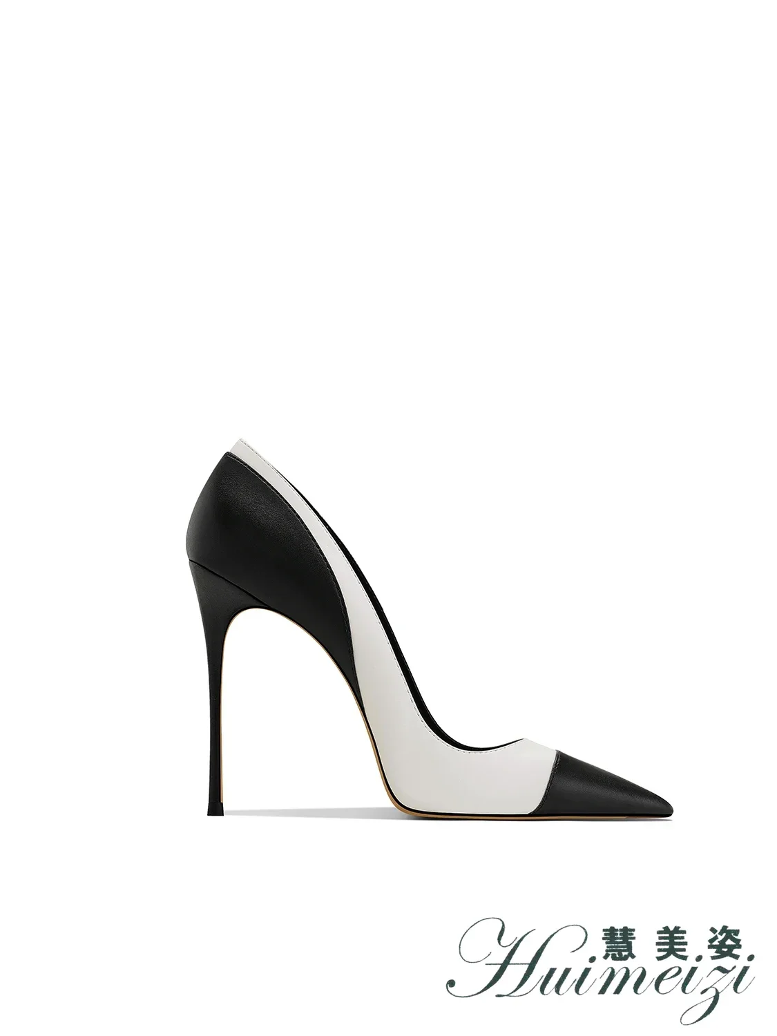 HMZ Black and White Sheepskin Pointed Head Shallow Mouth Single Shoes Extra Thin Heel Spring New High Heels Women's Shoes+Gift
