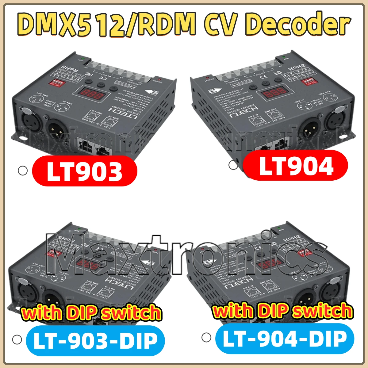 

RGB RGBW DMX512/RDM CV Decoder LTECH DC12-24V 8A/CH 3 Channel 24A 6A/4CH 4 Channel 3-pin XLR, RJ45, Green Terminal DMX512 Slaver
