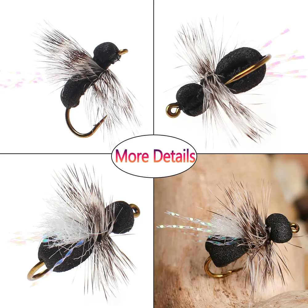Bimoo 6 Stück # 10 Grizzly Hackle Schaumstoff-Ant-Fliege Schwimmende Schwarze Trockenfliege Para Post Wing Käfer-Insektenköder Forellen-Char-Angelköder – Detail 4
