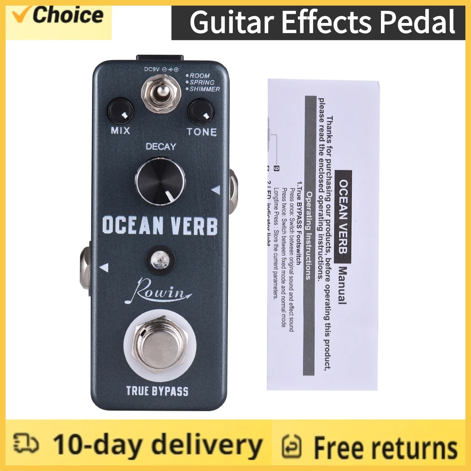 Rowin Guitar Effects Pedal Reverb Guitar Pedal Ocean Verb Room/Spring/Shimmer 3 Reverb Modes Guitar Effect Pedal