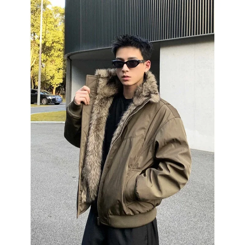 Retro Fur Collar Velvet Padded Bomber Jacket for Men Fleece Thick Warm Harajuku Casual Loose Joker Jackets Streetwear Coat Male