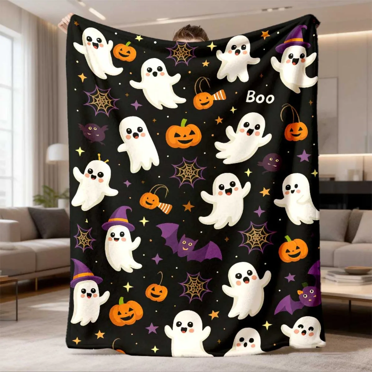 2026 Newest Flannel Throw Blanket Ghosts Pumpkins Spooky Halloween Design Super Soft Plush All Season Bedspread Couch Bed Party